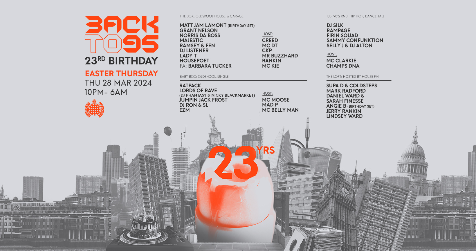 On Easter Thursday, 28th March, we will be hosting our 23rd Birthday celebration at London's iconic Ministry of Sound, with an incredible line-up over four rooms of music. Once again, we will be taking you back to the original Oldskool vibe and party atmosphere.