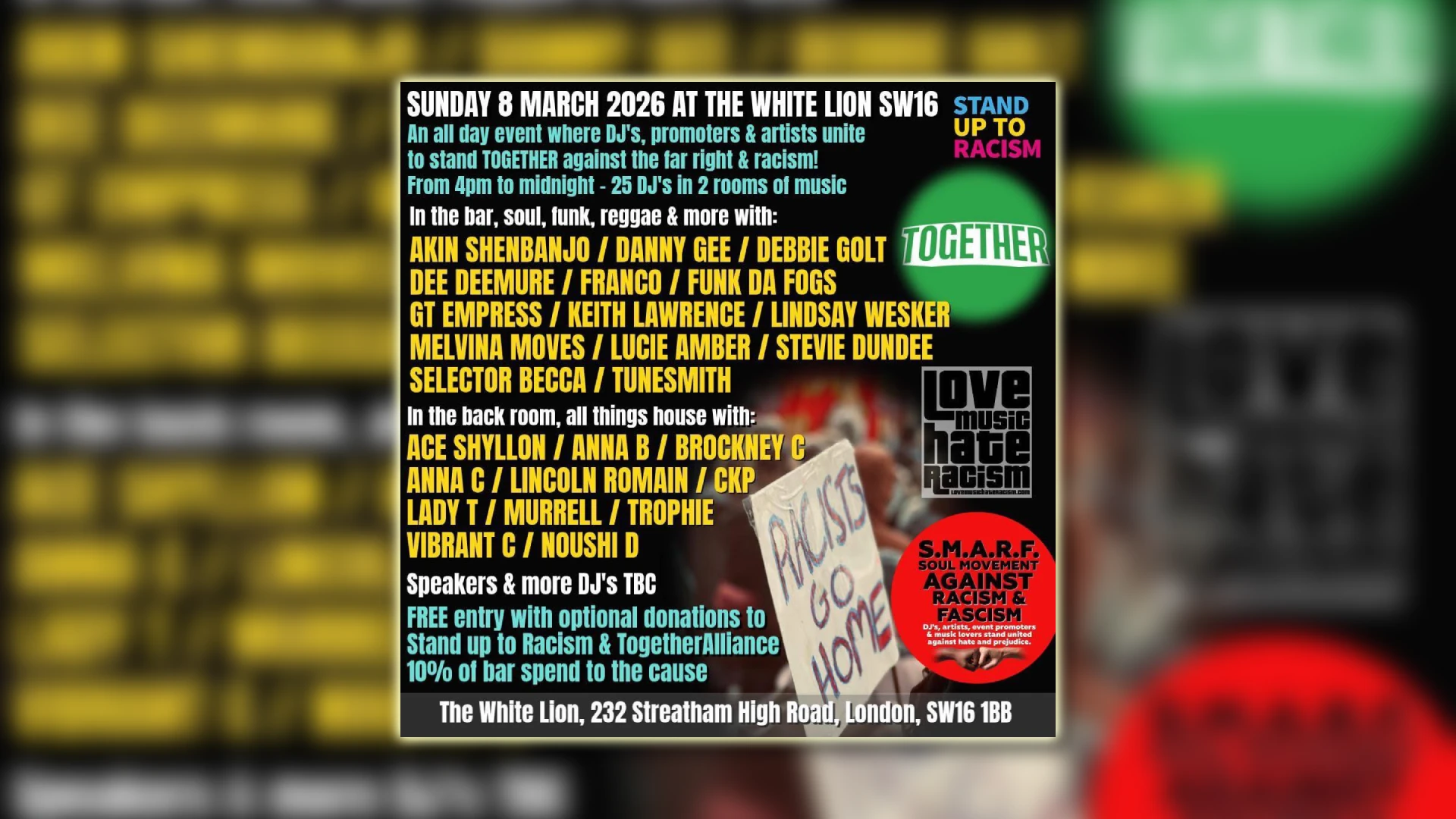 The White Lion on Sunday 8th March. The object to bring people together through the power of music.